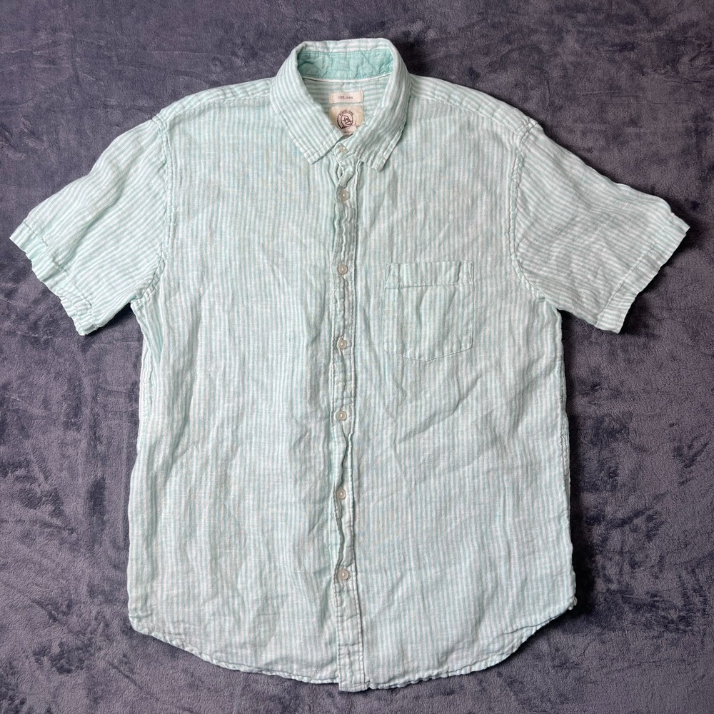 Panama Jack‎ Mens Large Mint Green White Striped Short Sleeve 100% Linen